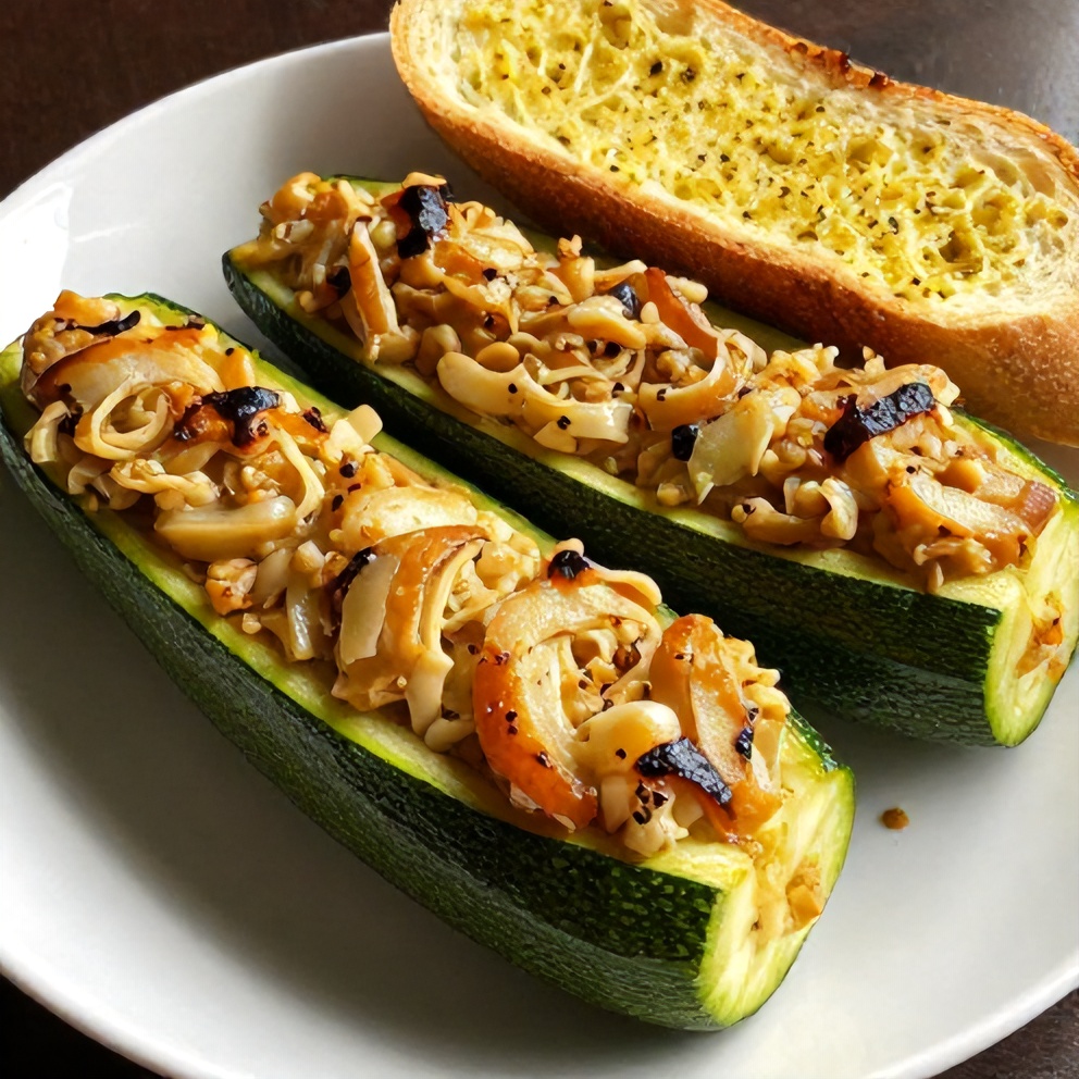Plated serving of easy stuffed zucchini boats with a side of garlic bread