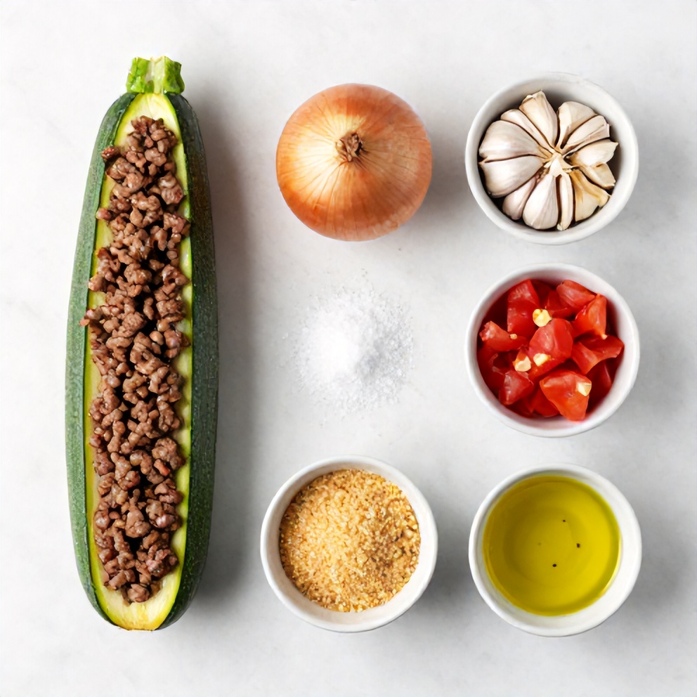 Raw ingredients for easy stuffed zucchini boats: zucchini, ground beef, onion, garlic, diced tomatoes, cheese, breadcrumbs, salt, pepper, olive oil