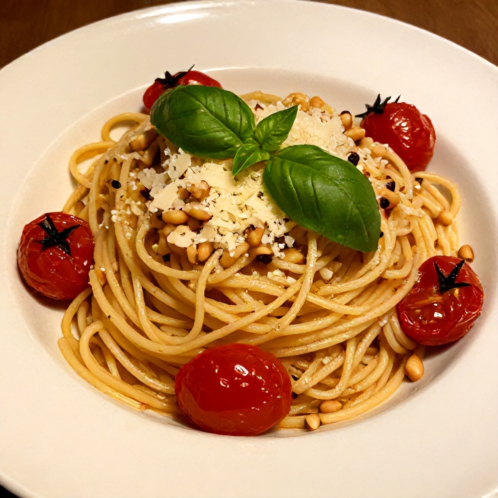 Plated Easy Summer Pasta with Roasted Cherry Tomatoes and Basil