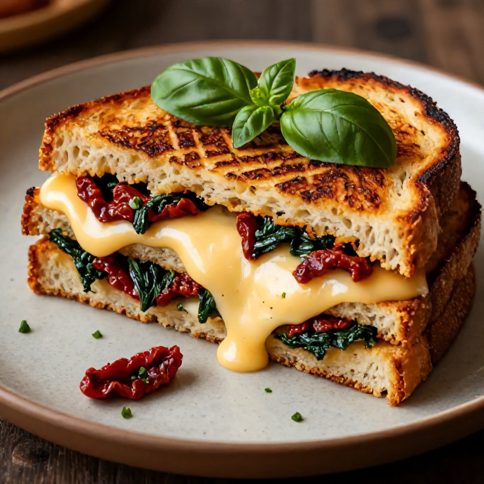 Sun-Dried Tomato Spinach Grilled Cheese sandwich on a rustic plate