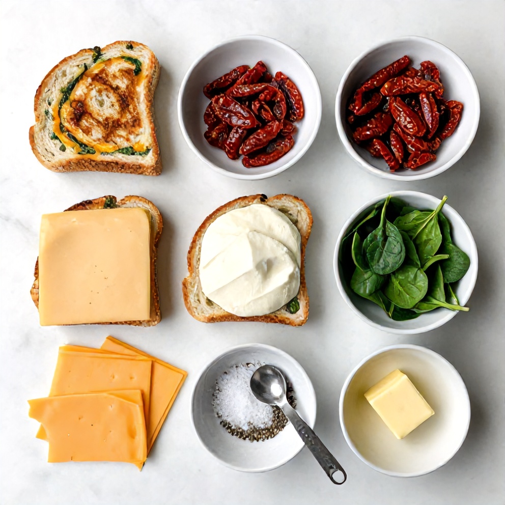 Ingredients for Sun-Dried Tomato Spinach Grilled Cheese on a marble surface