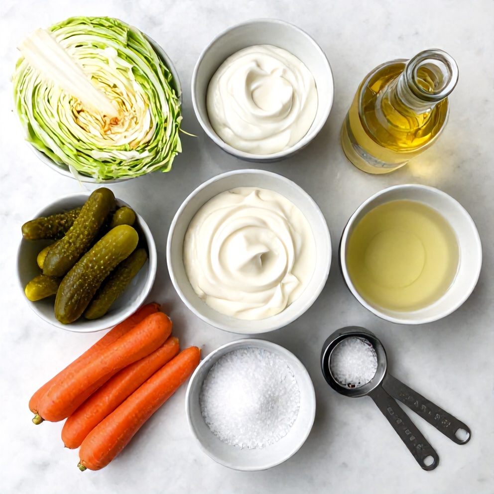 Raw ingredients for Sweet and Spicy Pickle Slaw on a marble surface