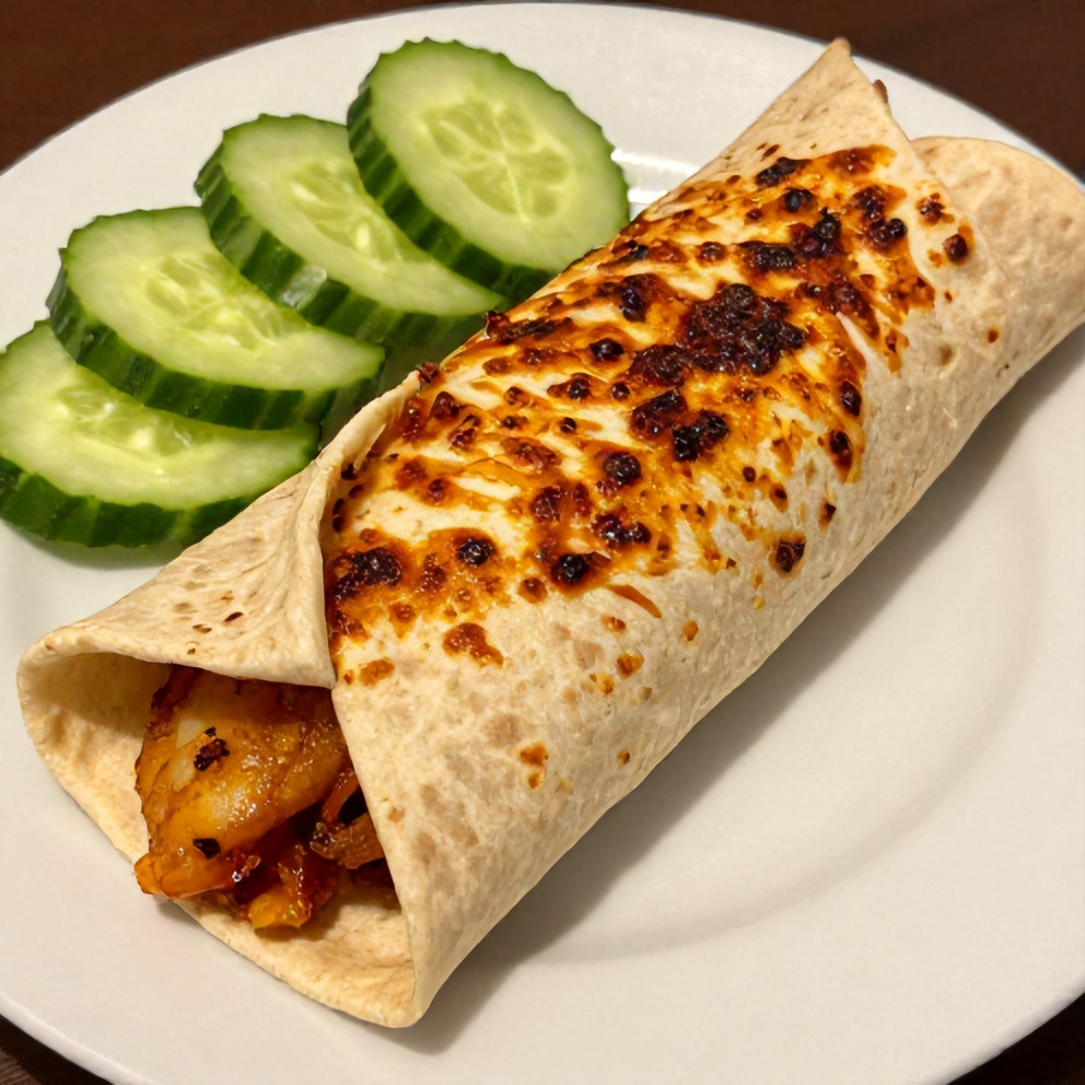 Plated Sweet Chili Halloumi Wrap with a side of cucumber