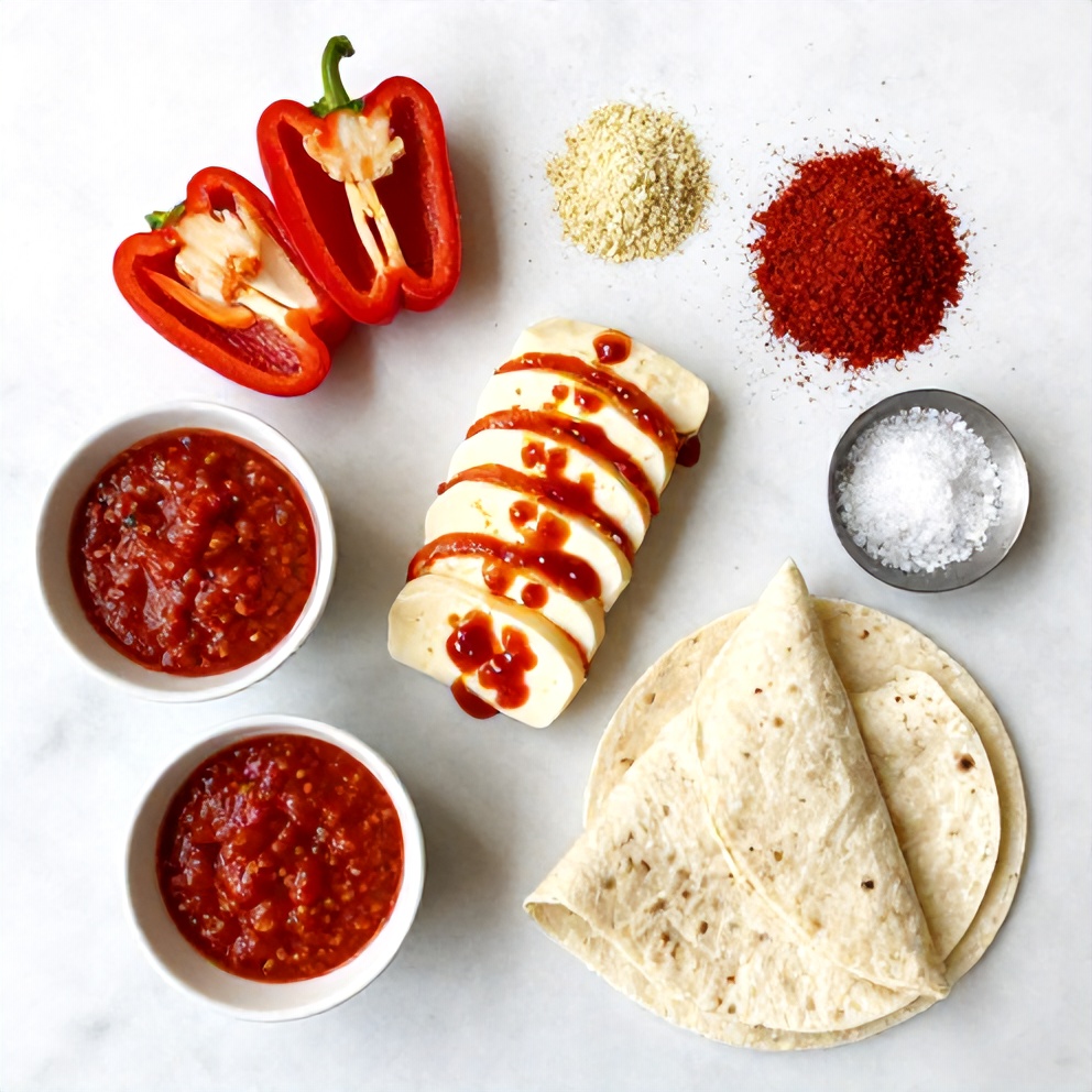 Halloumi, bell peppers, chili sauce, and wrap ingredients laid out