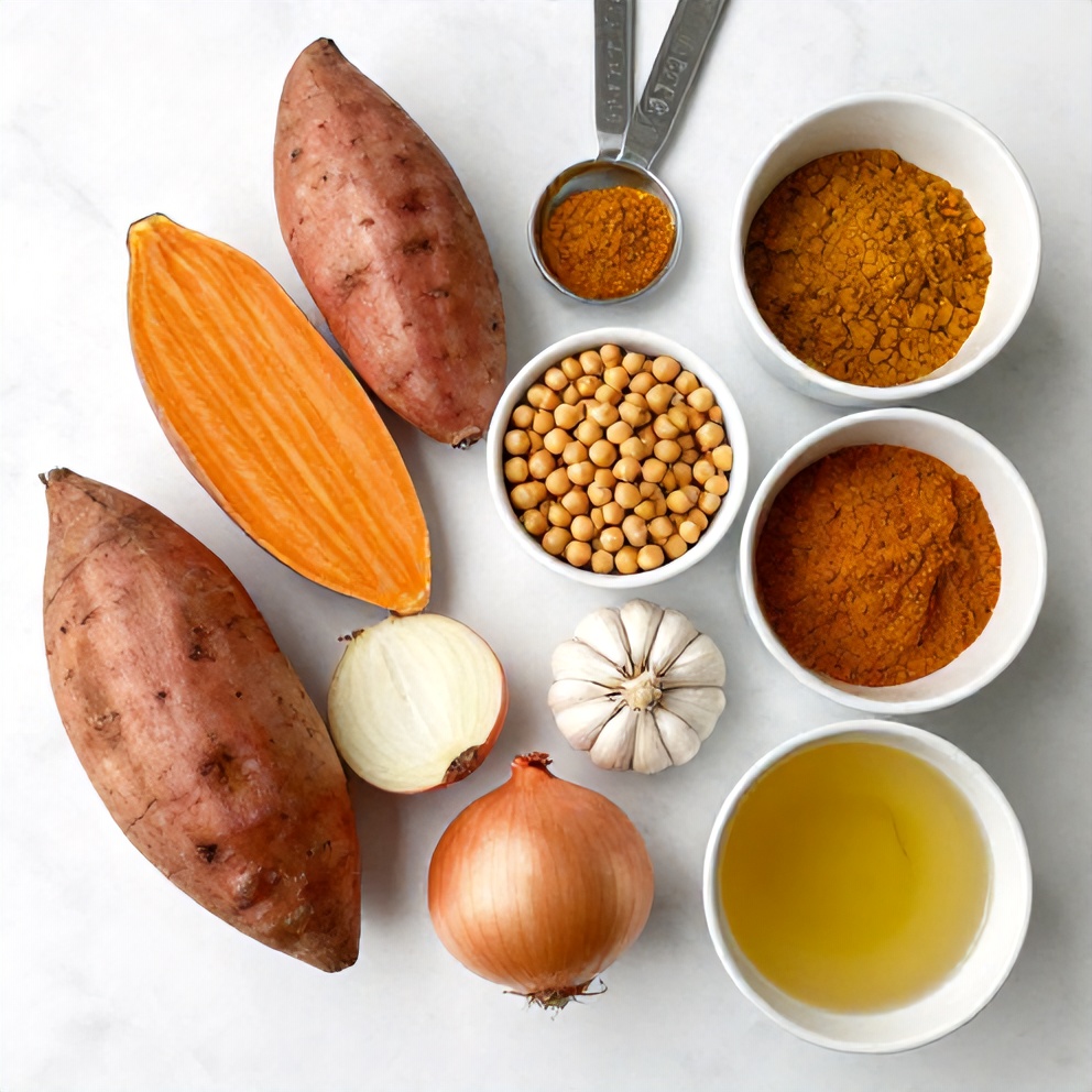 Raw ingredients for Sweet Potato Chickpea Curry