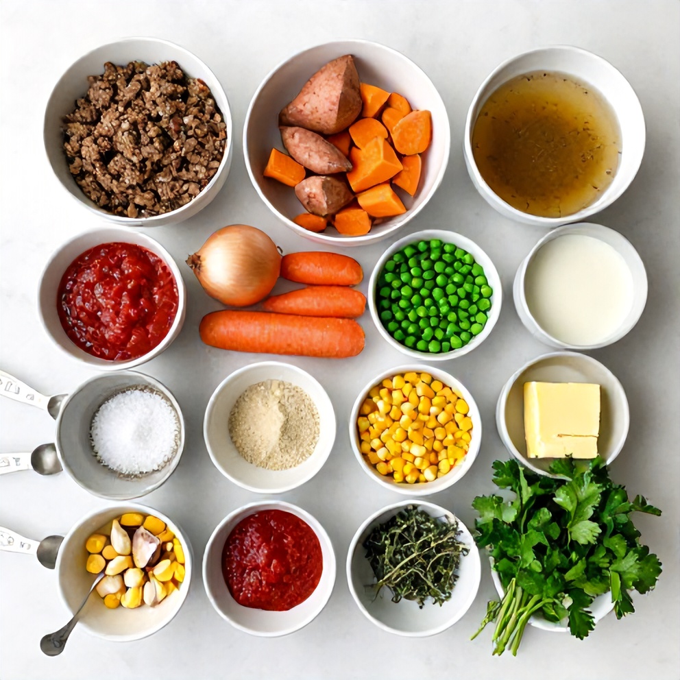 Raw ingredients for Sweet Potato Shepherd's Pie on a white marble surface