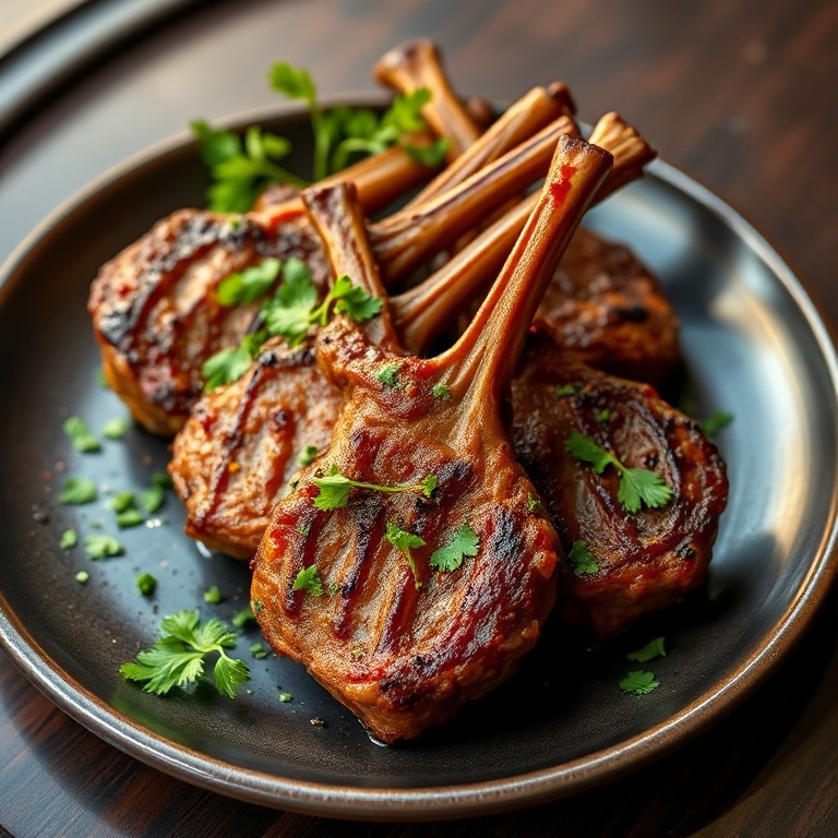 Plated tandoori lamb chops with a sprinkle of cilantro. Dark ceramic plate. Warm side lighting. Crispy edges visible.