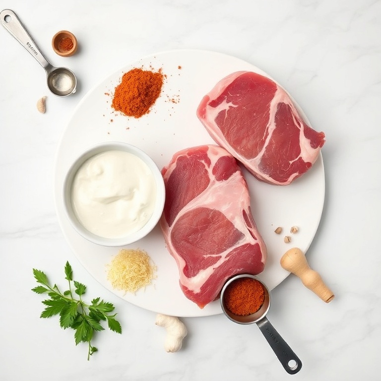 Raw lamb chops, yogurt, tandoori masala, garlic, ginger. Overhead flat lay. Measuring spoons and bowls visible. White marble surface. Bright even light.
