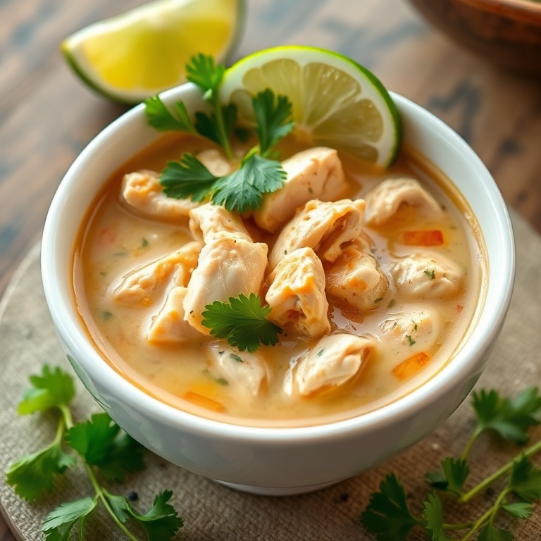 A single serving of Thai coconut chicken soup in a white ceramic bowl. Fresh cilantro and lime wedges are garnished on top. Warm side lighting highlights the texture.