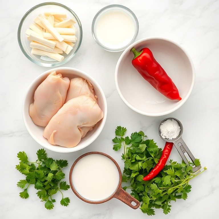 Raw ingredients for Thai coconut chicken soup: chicken thighs, coconut milk, lemongrass, red pepper, and fresh cilantro arranged in a flat lay. Measuring spoons and bowls are visible.