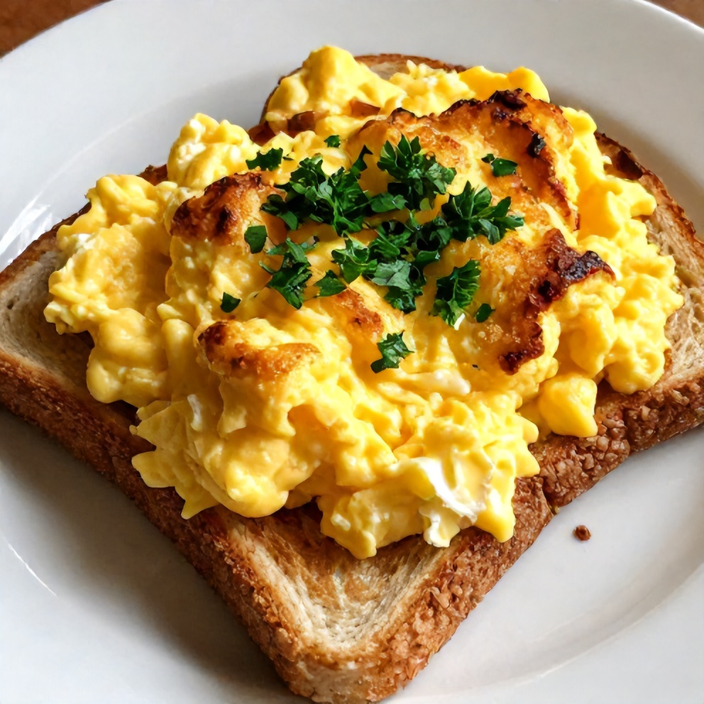Veggie scrambled eggs on toast with fresh parsley
