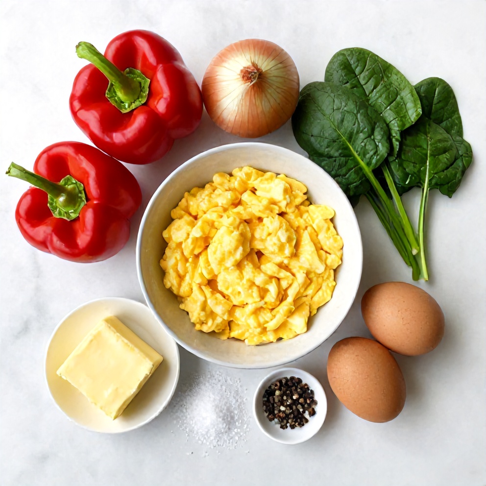 Raw ingredients for veggie scrambled eggs