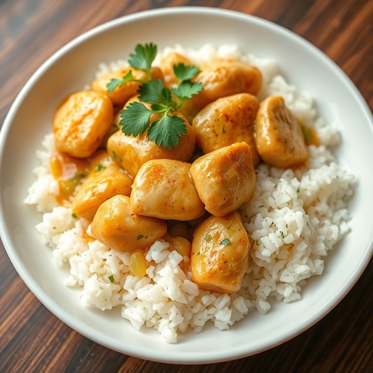 Plated lemongrass chicken with rice. Garnished with cilantro. White bowl with warm lighting showing texture.