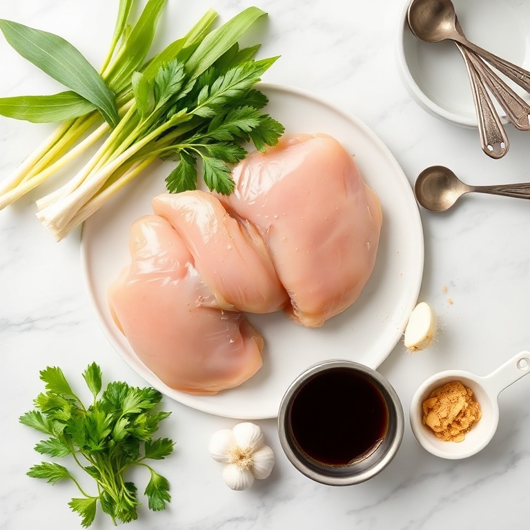 Fresh lemongrass, chicken thighs, soy sauce, garlic, ginger, and rice. Measuring cups and bowls nearby on a white surface.