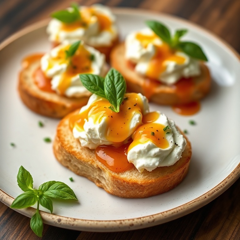 Plated crostini with whipped feta and spicy hot honey. Garnished with basil. Close crop showing texture. Warm side lighting. Photorealistic food photography. No text. No watermark.