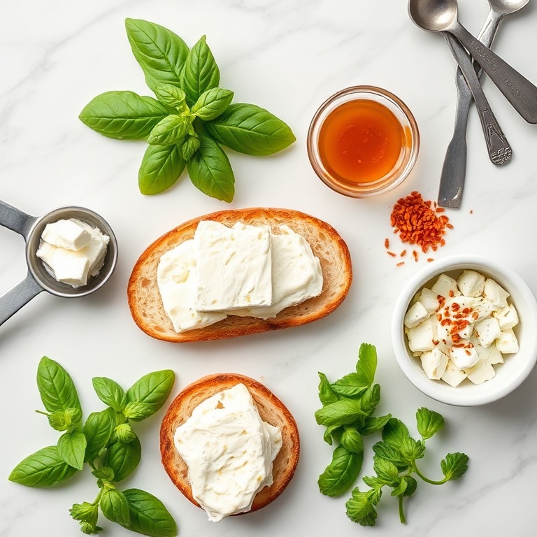 Raw ingredients for whipped feta crostini. Fresh basil, crusted bread, feta cheese, honey, and chili flakes. Overhead flat lay. Measuring spoons and bowls visible. White marble surface. Bright even light. Photorealistic food photography. No text. No watermark.