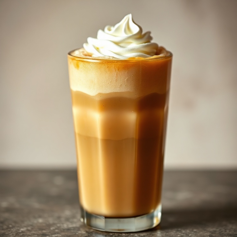 A perfectly poured glass of easy whipped iced coffee with a swirl of whipped cream on top. Rich and creamy.