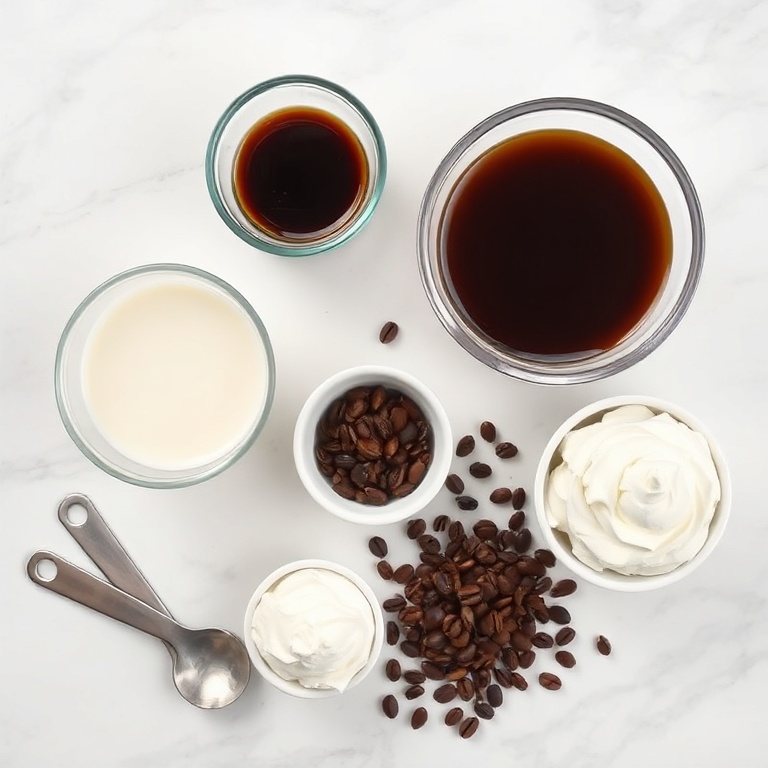 Raw ingredients for easy whipped iced coffee. Coffee, milk, sugar, whipped cream, and coffee beans in a flat lay.