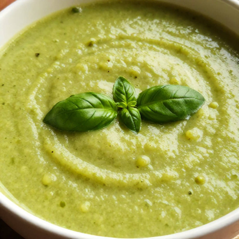 Bowl of Zucchini Basil Soup with a sprinkle of fresh basil