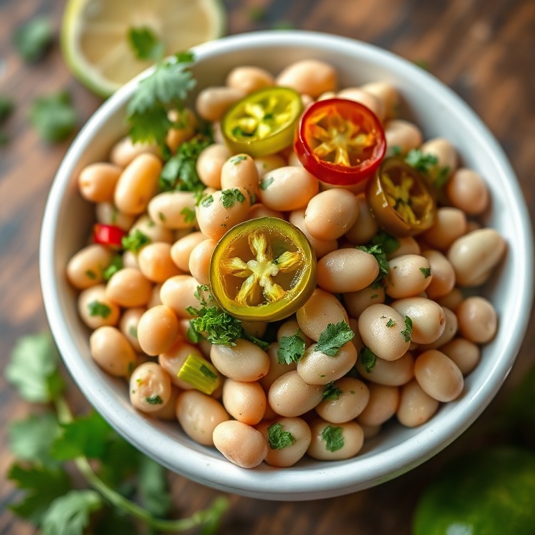 Fresh cilantro lime bean salad with pickled jalapeños in a bowl