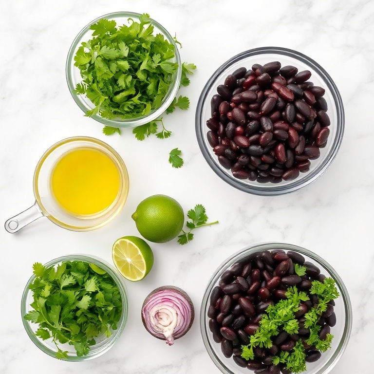 Raw ingredients for fresh cilantro lime bean salad on a white marble surface