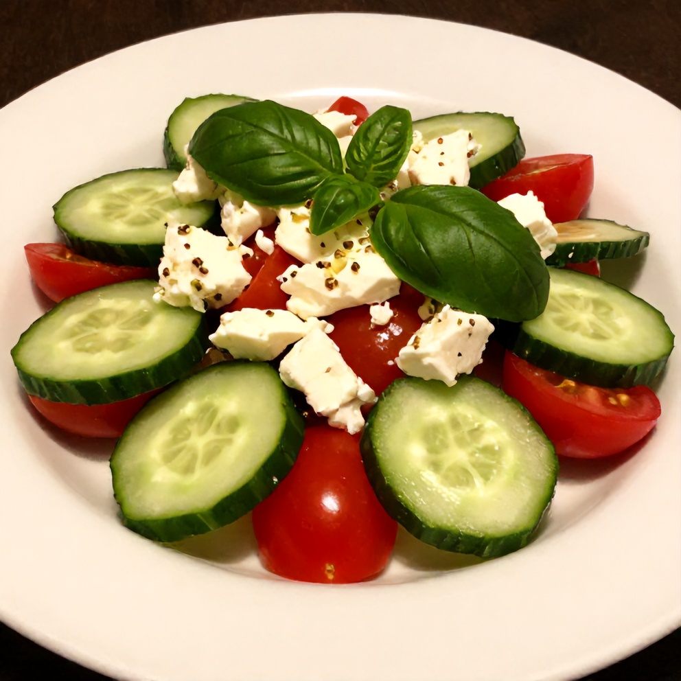 Plated Cucumber Tomato Feta Salad with fresh basil