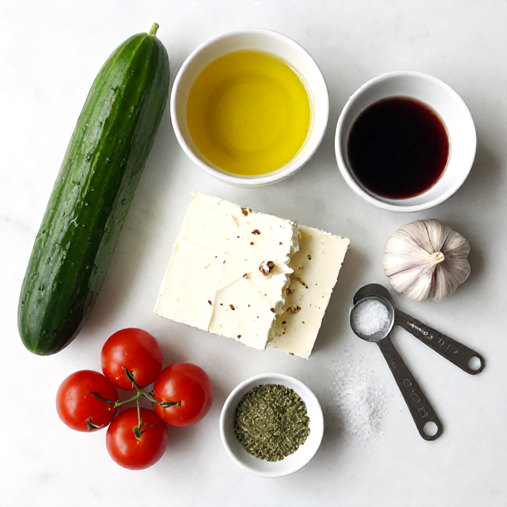Raw ingredients for Cucumber Tomato Feta Salad on a marble surface