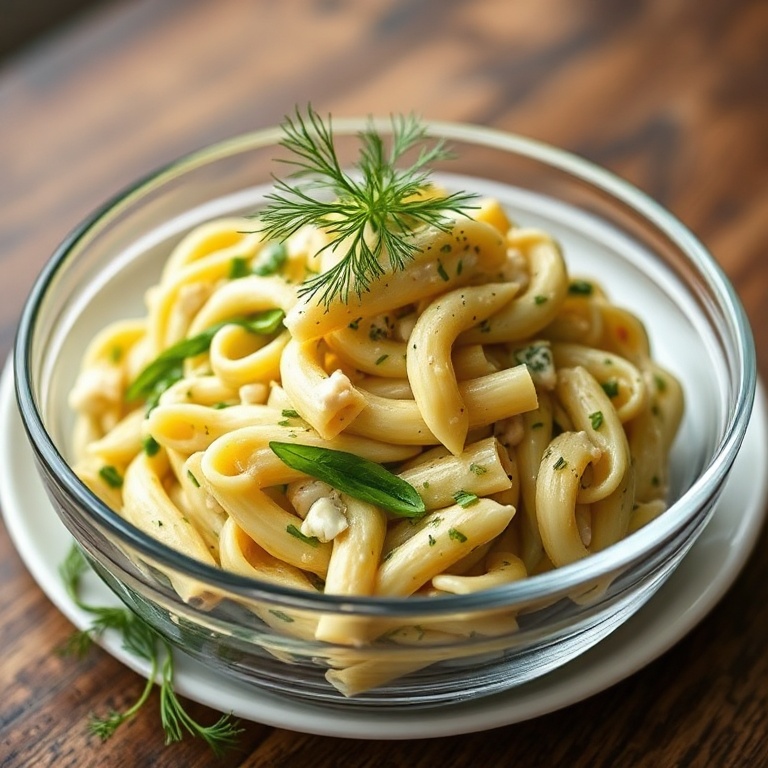 Fresh green goddess pasta salad in a glass bowl with fresh dill on top