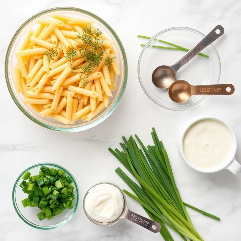 Fresh green goddess pasta salad ingredients: pasta, cream cheese, dill, chives, green onions, and mayonnaise
