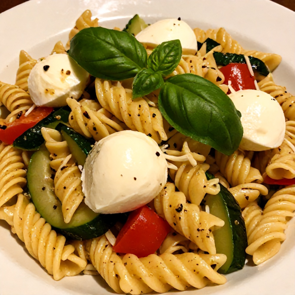 Plated Fresh Italian Pasta Salad with Mozzarella and Veggies