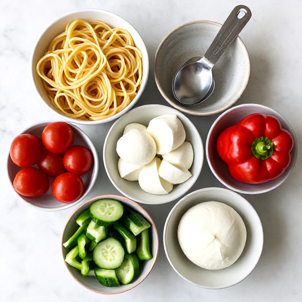 Raw ingredients for Fresh Italian Pasta Salad with Mozzarella and Veggies