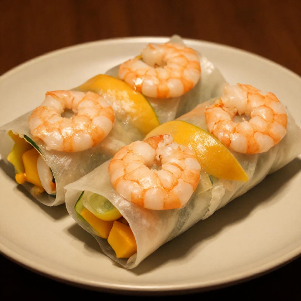 Plated Fresh Mango Shrimp Summer Roll on a light-colored plate