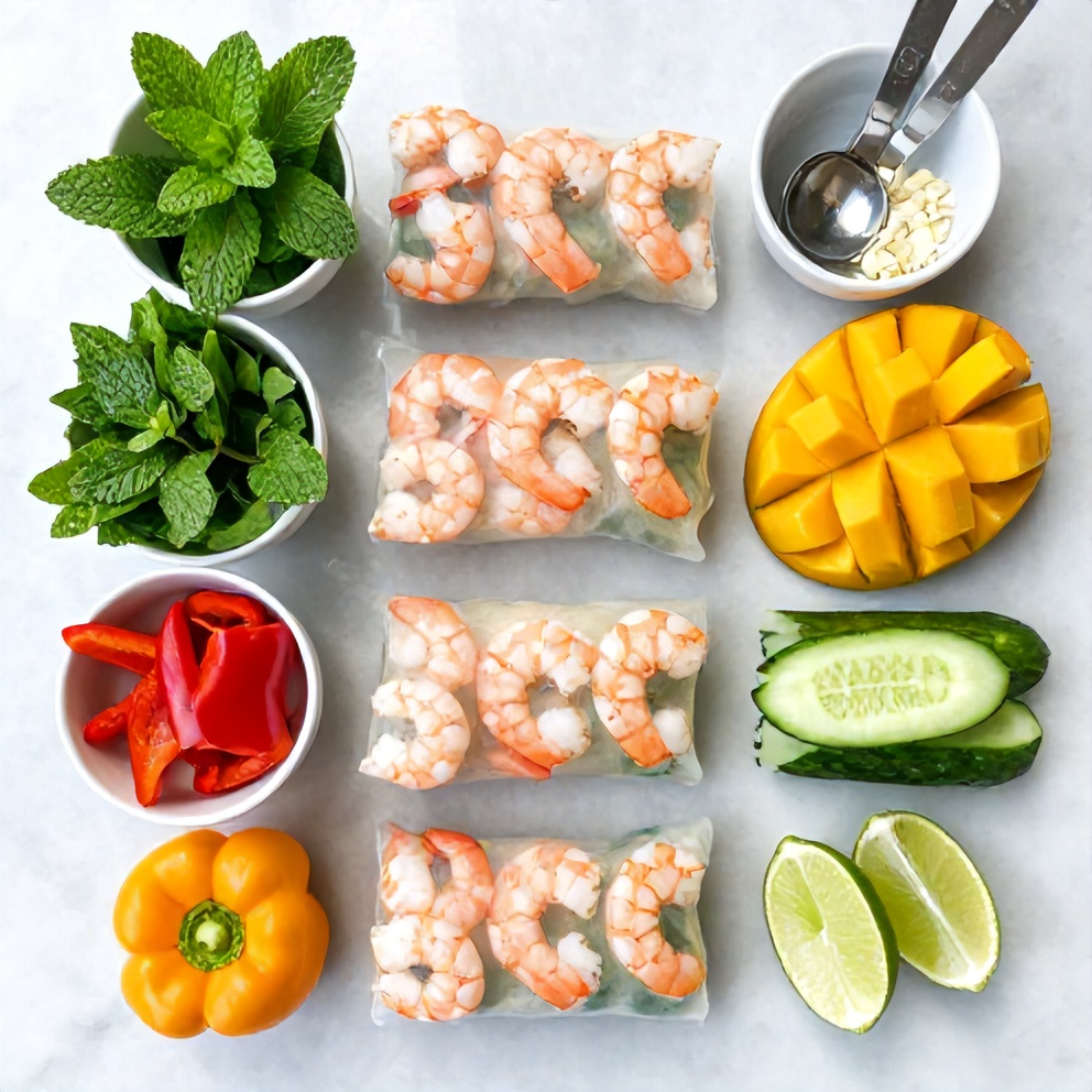 Raw ingredients for Fresh Mango Shrimp Summer Rolls on a white marble surface