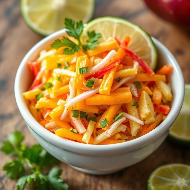 Fresh mango slaw in a white ceramic bowl. Garnished with lime slices. Close crop showing texture. Warm side lighting.