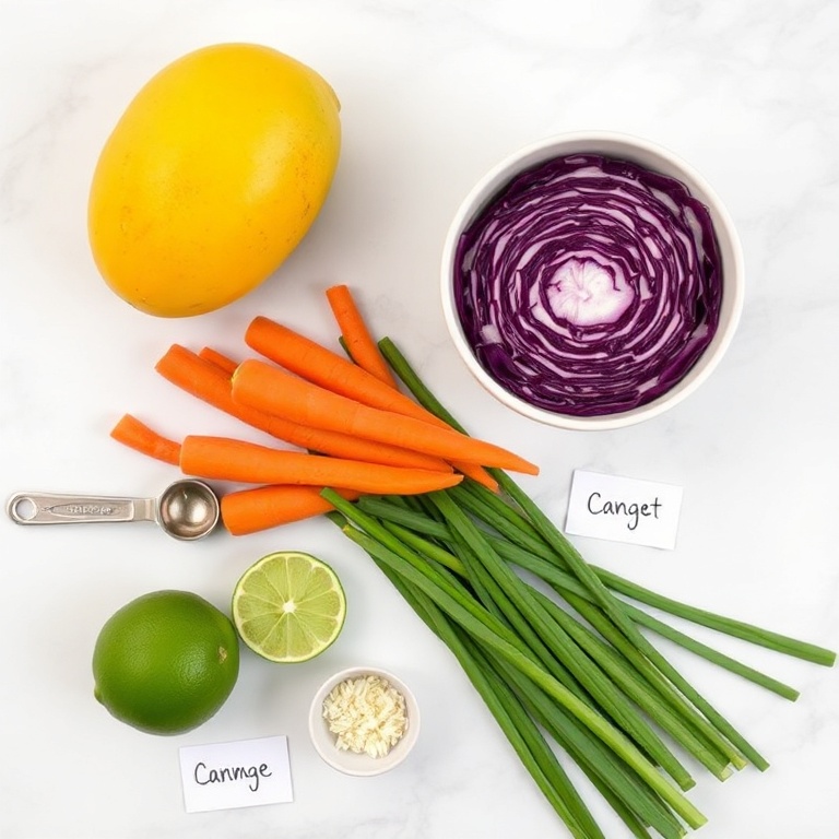 Fresh mango, red cabbage, carrots, green onions, and lime on a white marble surface. Measuring spoons and bowls visible. Bright even light.