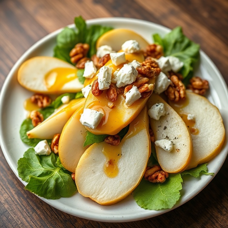A perfectly plated fresh pear walnut salad. Topped with blue cheese and drizzled with honey dressing.
