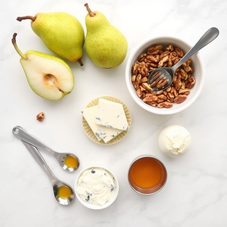 Fresh pears, walnuts, blue cheese, honey, and dressing ingredients laid out. Measuring spoons and bowls visible.
