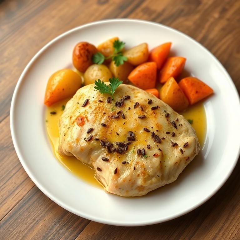Plated garlic butter chicken with potatoes and carrots, garnished with fresh parsley on a white plate, warm side lighting