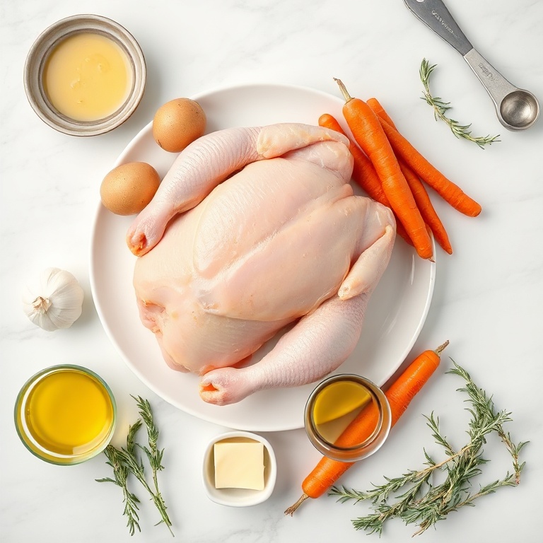 Raw chicken, potatoes, carrots, garlic, butter, olive oil, thyme, rosemary in an overhead flat lay with measuring spoons and bowls