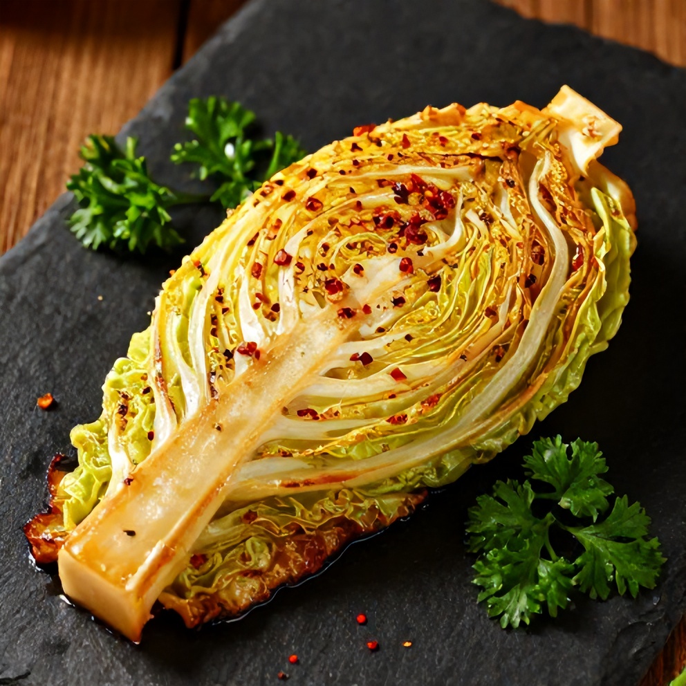 Garlic Roasted Cabbage Steaks with Smoky Spices plated and ready to serve
