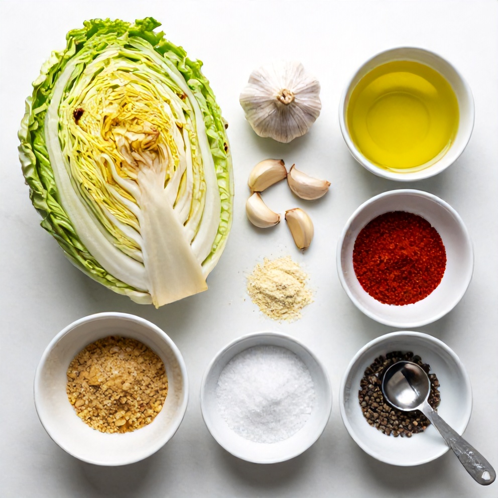 Ingredients for Garlic Roasted Cabbage Steaks laid out on a wooden surface