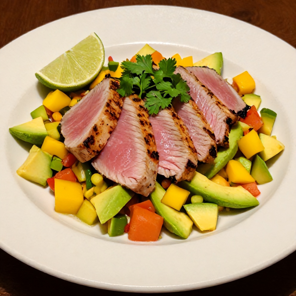 Grilled tuna steak with fresh mango avocado salsa