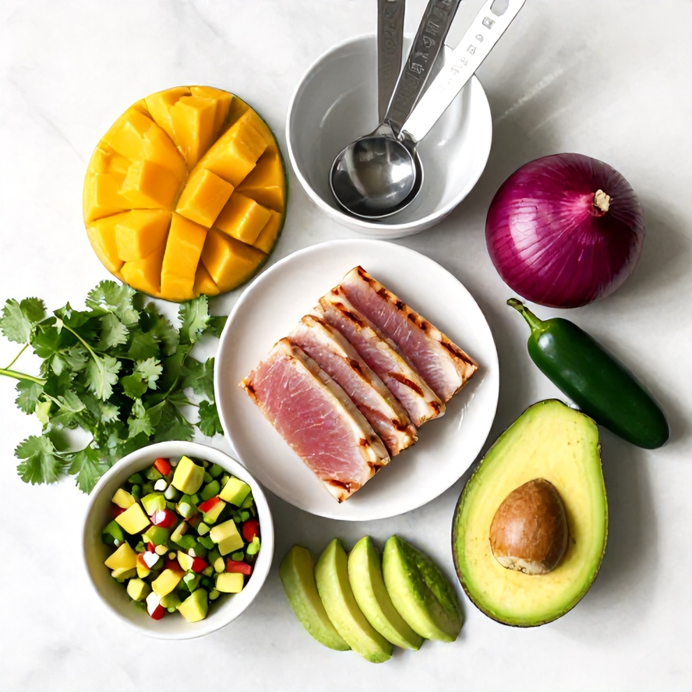 Raw ingredients for grilled tuna steak with mango avocado salsa