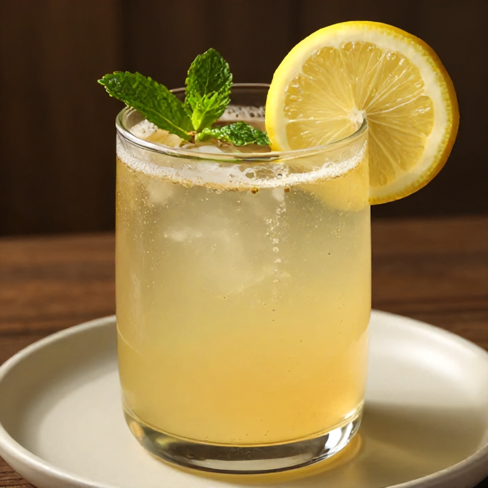 Glass of Guava White Tea Lemonade with a lemon slice