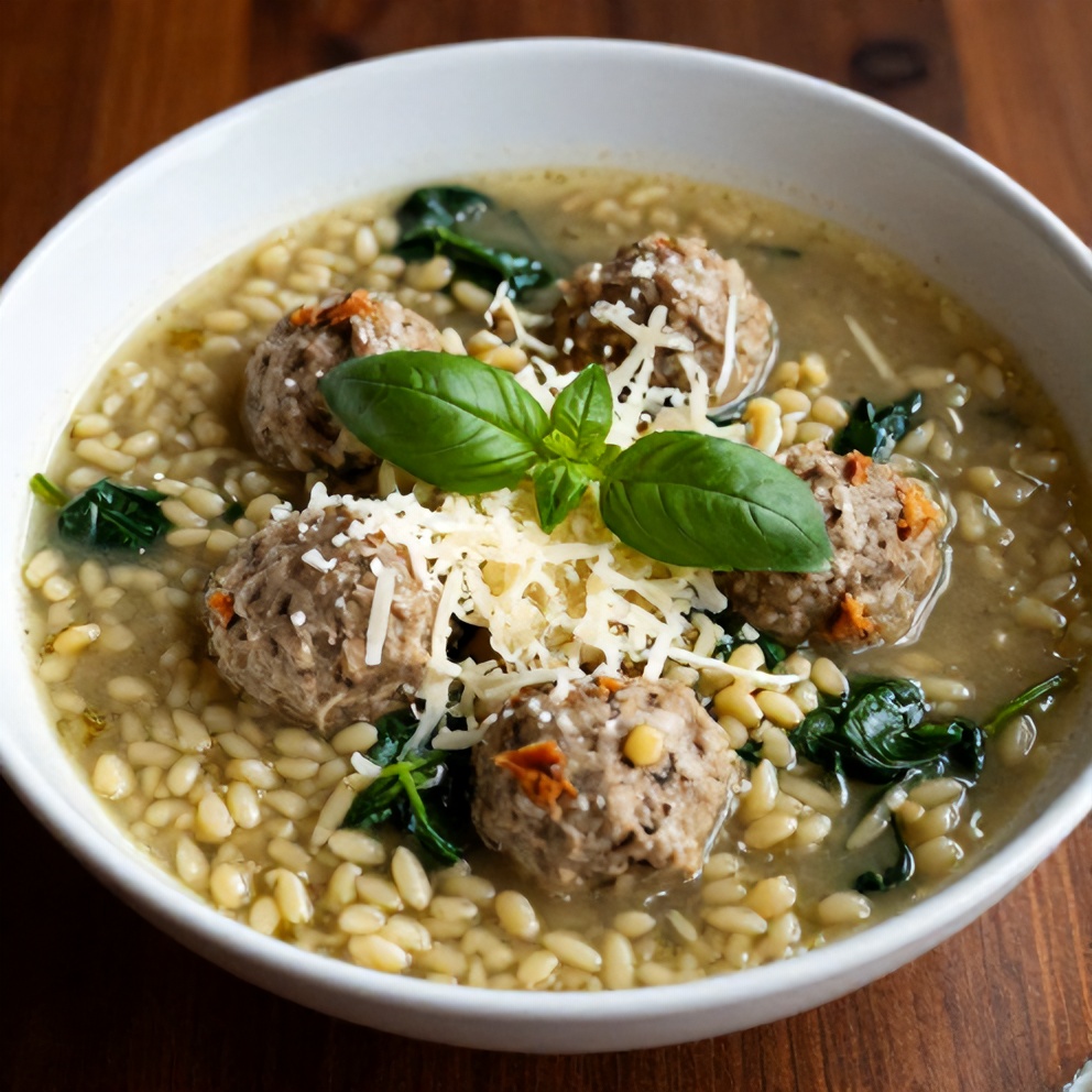 Plated serving of Turkey Meatball Soup with Orzo and Spinach