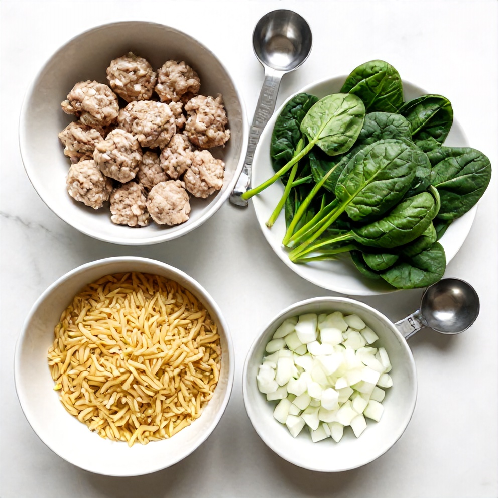 Raw ingredients for Turkey Meatball Soup with Orzo and Spinach