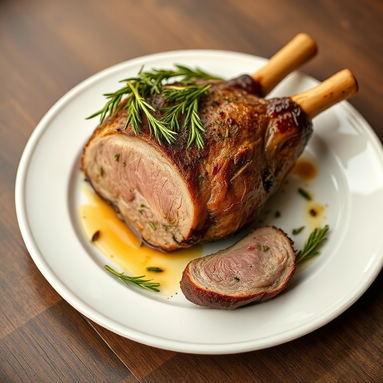 Perfectly plated herb-roasted leg of lamb with rosemary and thyme, served on a white ceramic plate with garlic and herbs nearby