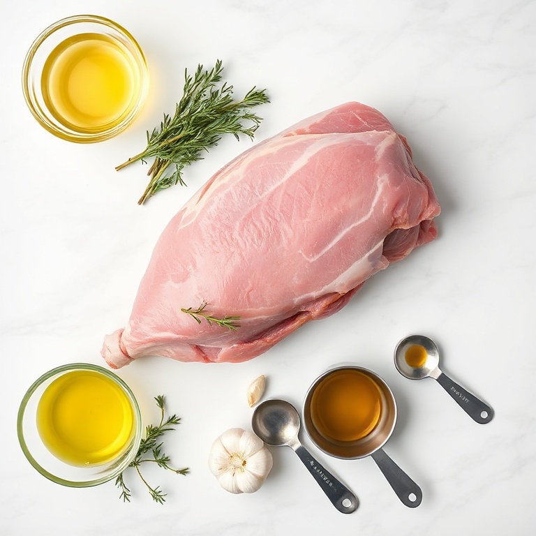 All raw ingredients for herb-roasted leg of lamb: lamb leg, rosemary, thyme, garlic, olive oil, salt, and pepper arranged in a flat lay