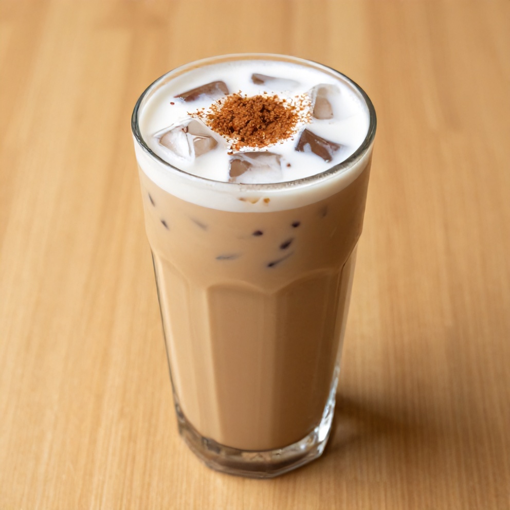 Hibiscus Cardamom Iced Latte served in a glass with a straw
