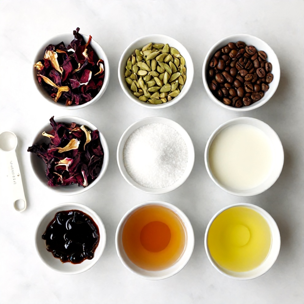 Hibiscus flowers, cardamom pods, coffee beans, and other ingredients for Hibiscus Cardamom Iced Latte